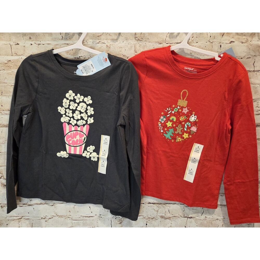Cat & Jack Girls Christmas Tops Long Sleeve Size Small Set Of 2 Shirts
